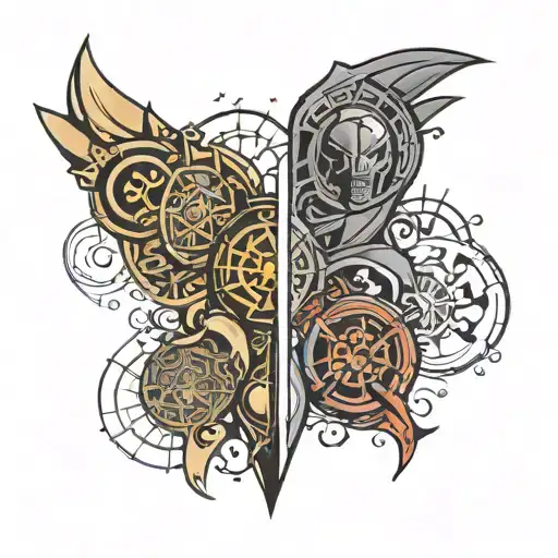 Tattoo arm sleeve with elements from Star Wars, Lord of the Rings and God of War tattoo design idea