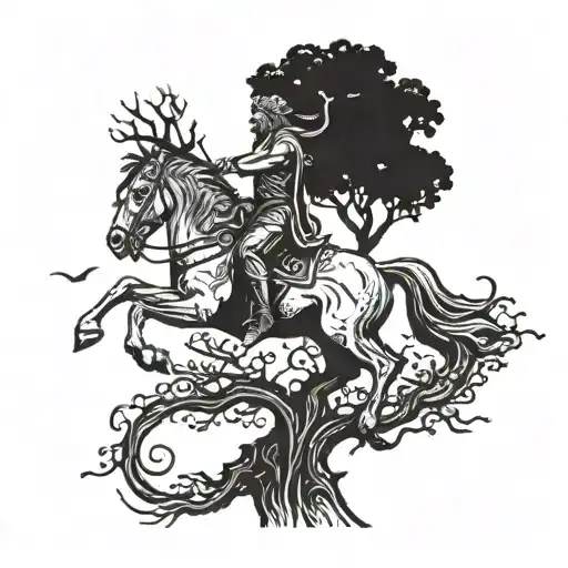 A Roman god riding on the back of a majestic tree, symbolizing the connection between nature and ancient mythology tattoo design idea