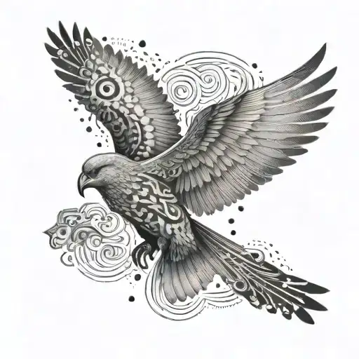 Ikarus soaring through a sky filled with intricate Greek-inspired patterns, representing the pursuit of freedom and ambition tattoo design idea