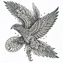 Ikarus soaring through a sky filled with intricate Greek-inspired patterns, representing the pursuit of freedom and ambition tattoo design idea