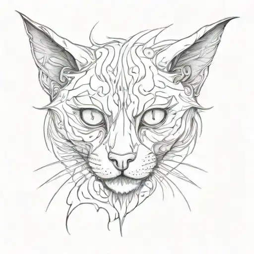 A demonic cat with an extra eye, captured in a sketch style tattoo design idea