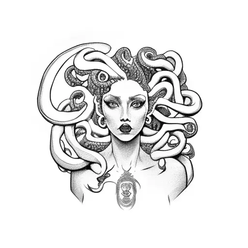 A fierce Medusa with a feminist symbol incorporated into her hair tattoo design idea