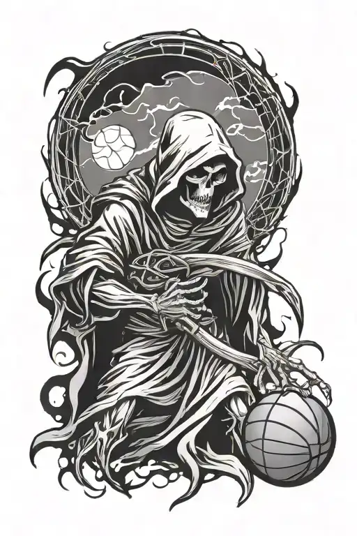grim reaper with a basketball merging tattoo design idea