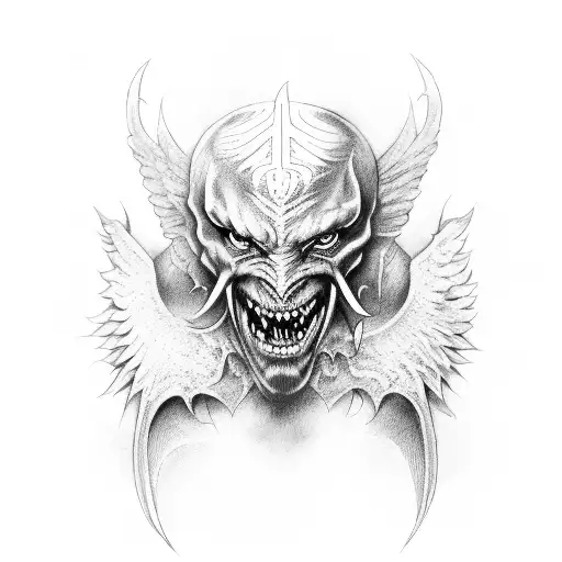 Demon Asmodeus in human form with wings and horns tattoo design idea
