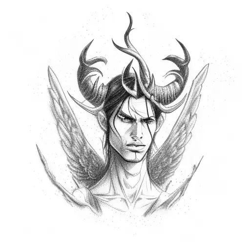 Young skinny guy with long black hair, six black wings, with horns on his head and eyes filled with anger. Tattoo sketch tattoo design idea