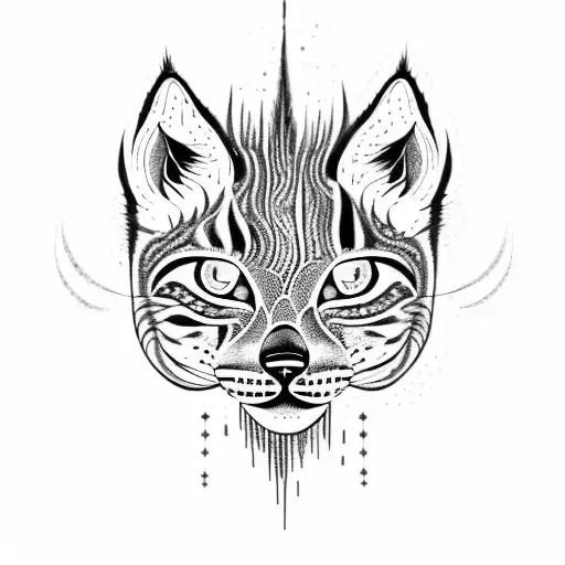 black and white decaying lynx cat wearing bonbe jewellery with mushrooms and plants growing out of it tattoo design idea