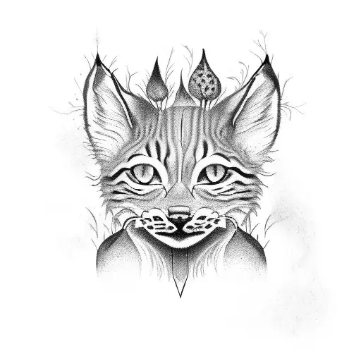 black and white decaying lynx cat wearing bonbe jewellery with mushrooms and plants growing out of it tattoo design idea