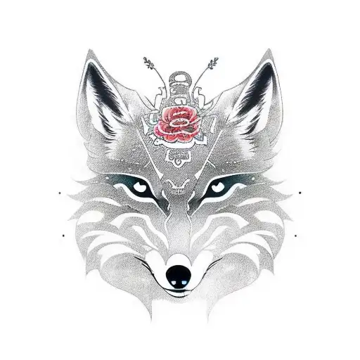 Crea una volpe stilizzata, ispirata al Kitsune giapponese con una maschera Kabuki e dettagli hacker nella pelliccia. Rap tattoo design idea