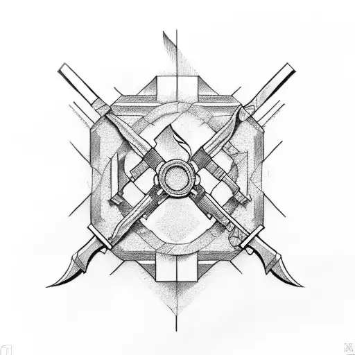 A carpenter's tools intertwined with cultural symbols tattoo design idea