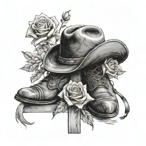 roses and cowboy hat and boots resting on a cross tattoo design idea