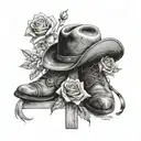 roses and cowboy hat and boots resting on a cross tattoo design idea