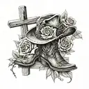 roses and cowboy hat and boots resting on a cross tattoo design idea