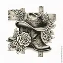 roses and cowboy hat and boots resting on a cross tattoo design idea