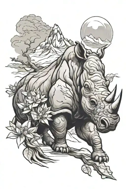 mount Everest rhododendron Patan city in nepal and rhino  tattoo design idea