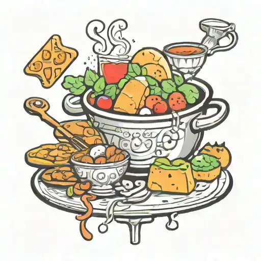 A whimsical design featuring various salgados (Brazilian snacks) like coxinhas and pastéis, surrounding a stylized panela (cooking pot) tattoo design idea