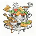A whimsical design featuring various salgados (Brazilian snacks) like coxinhas and pastéis, surrounding a stylized panela (cooking pot) tattoo design idea