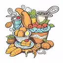 A whimsical design featuring various salgados (Brazilian snacks) like coxinhas and pastéis, surrounding a stylized panela (cooking pot) tattoo design idea