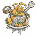 A whimsical design featuring various salgados (Brazilian snacks) like coxinhas and pastéis, surrounding a stylized panela (cooking pot) tattoo design idea