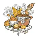 A whimsical design featuring various salgados (Brazilian snacks) like coxinhas and pastéis, surrounding a stylized panela (cooking pot) tattoo design idea