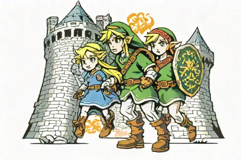 link carrying zelda away from hyrule castle after a battle, hyrul castle and the sky are on fire and the look relieved tattoo design idea