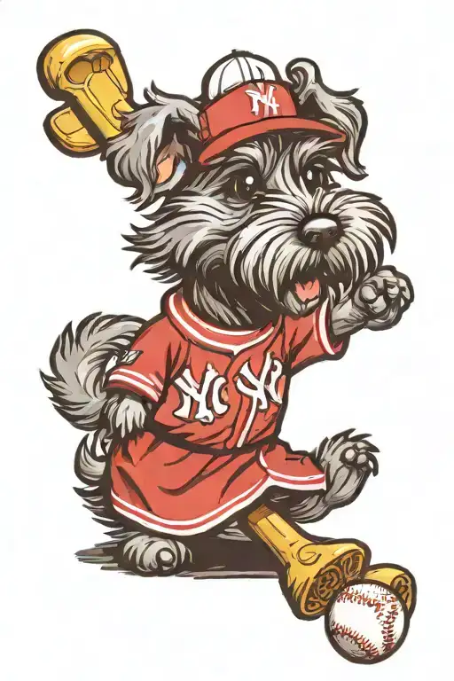 miniature schnauzer playing baseball wearing a new york yankees jersey  tattoo design idea