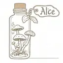 alice in wonderland inspired bottle with cork cap and mushrooms inside the liquid and a drink me tag and a eat me soap  tattoo design idea