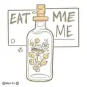 alice in wonderland inspired bottle with cork cap and mushrooms inside the liquid and a drink me tag and a eat me soap  tattoo design idea