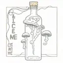 alice in wonderland inspired bottle with cork cap and mushrooms inside the liquid and a drink me tag and a eat me soap  tattoo design idea