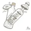 alice in wonderland inspired bottle with cork cap and mushrooms inside the liquid and a drink me tag and a eat me soap  tattoo design idea