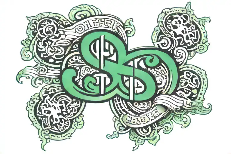 green and black dollar sign, sexual iconography and money detailed tattoo design idea