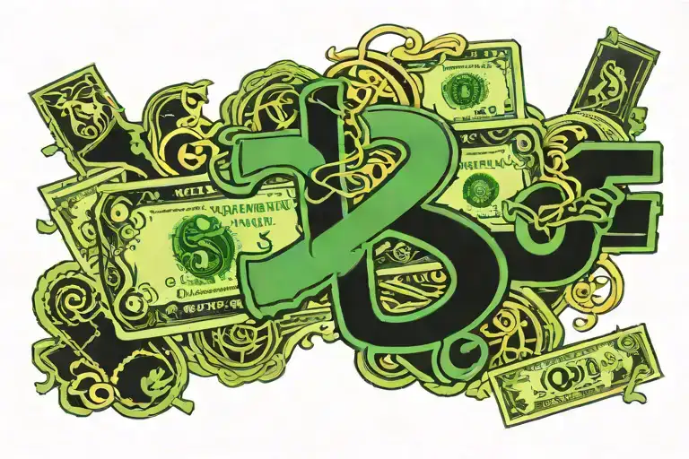 green and black dollar sign, sexual iconography and money tattoo design idea