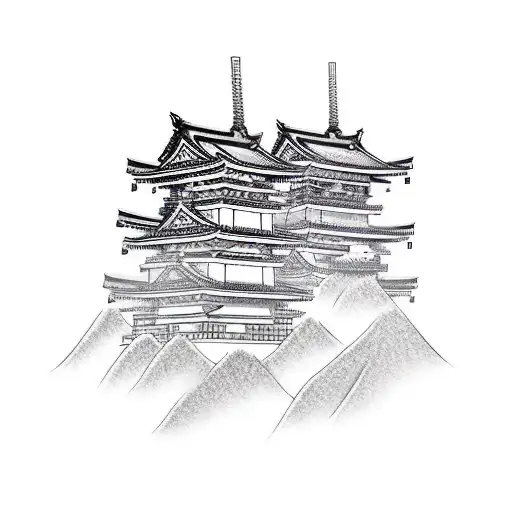 Samurai, Temple, mountain, sky, moon tattoo design idea