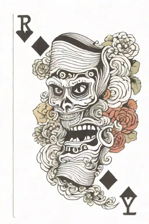 playing cards forming the shape with laugh now cry later faces tattoo design idea