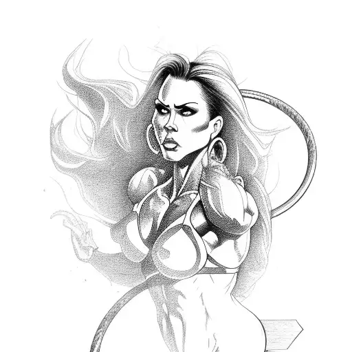 A dynamic design featuring a muscular woman doing pull-ups on a horizontal bar with a classic muscle car below her tattoo design idea