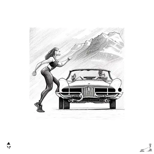 A detailed sketch of a strong female athlete doing push-ups with a vintage sports car beside her tattoo design idea