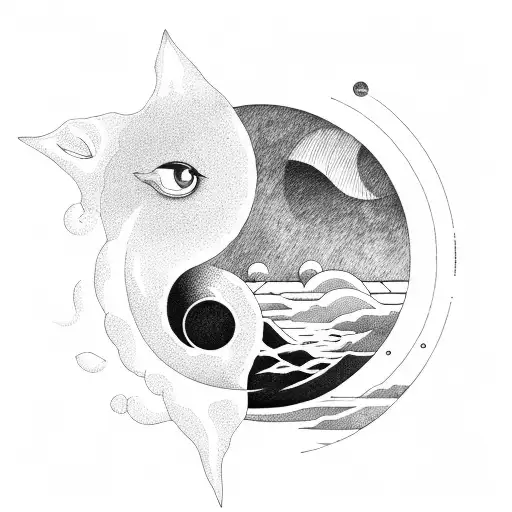 line with sea, mountain, sun, moon, wolf tattoo design idea