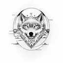 line with sea, mountain, sun, moon, wolf tattoo design idea