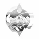 line with sea, mountain, sun, moon, wolf tattoo design idea