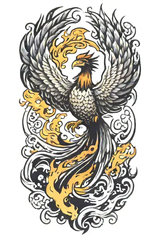 A traditional style tattoo of a phoenix rising from the ashes, symbolizing overcoming PTSD with the letters 'IGY6' subtly hidden in the flames tattoo design idea