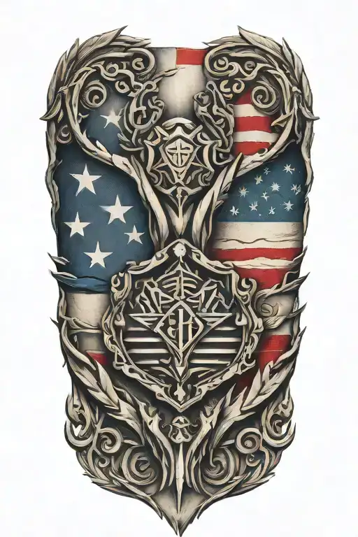 An intricate tattoo design featuring a blend of the IGY6 symbol and us flag tattoo design idea