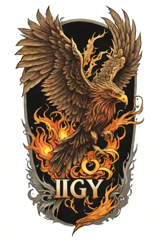 phoenix rising from the ashes,  with the text 'IGY6' us flag tattoo design idea