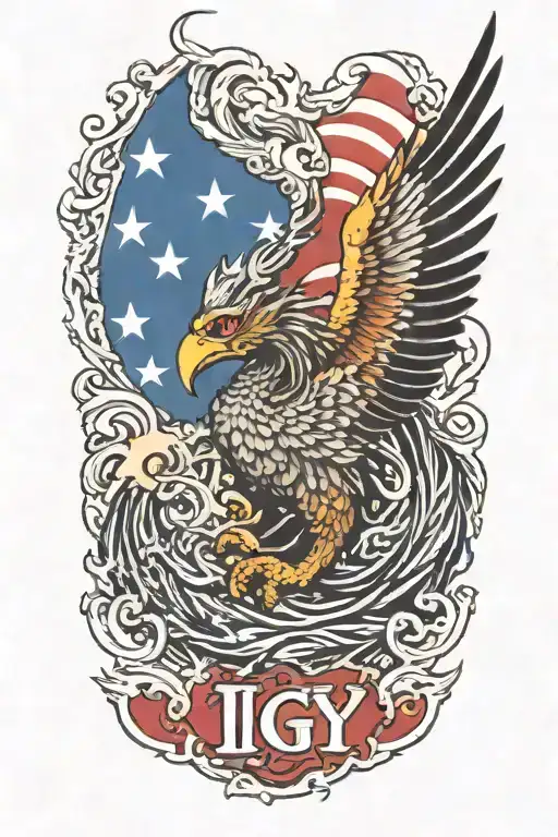 A letters ';IGY6' phoenix rising from the ashes,  with the letters 'IGY6' us flag tattoo design idea