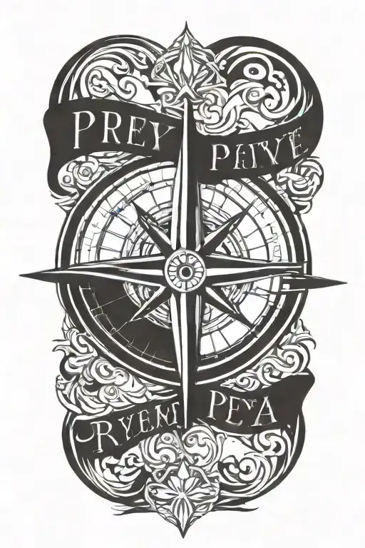 A traditional style tattoo of a compass rose text 'Preeya' tattoo design idea