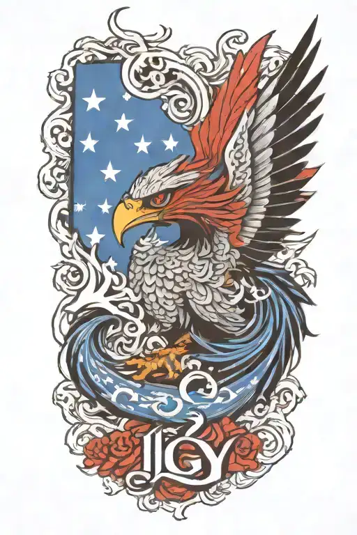 A letters ';IGY6' phoenix rising from the ashes,  with the letters 'IGY6' us flag tattoo design idea