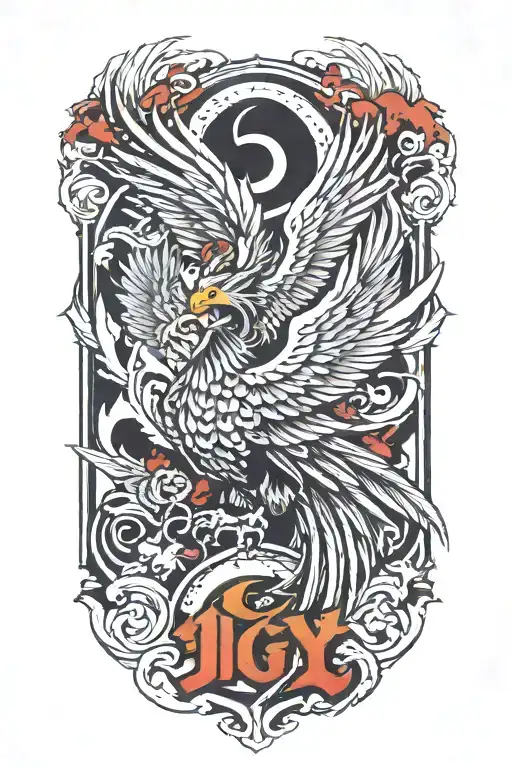 A phoenix rising from the ashes,  with the letters 'IGY6' us flag tattoo design idea