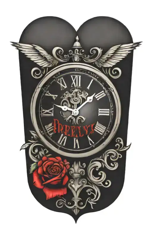 A traditional tattoo design featuring a heart with text 'Preeya' name and a clock face,  tattoo design idea