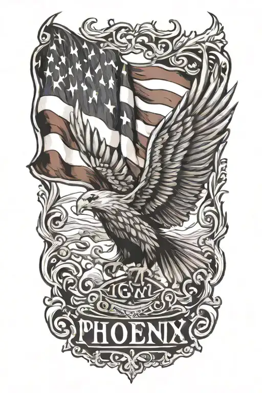 phoenix rising from the ashes,  with the text 'IGY6' us flag tattoo design idea