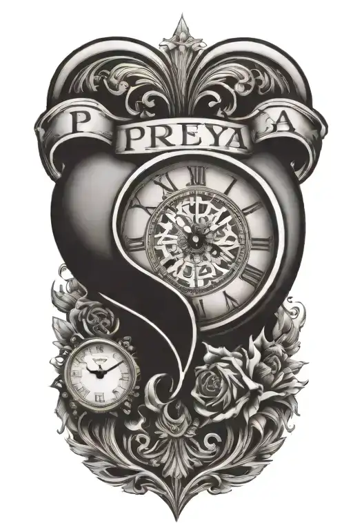 A traditional tattoo design featuring a heart with text 'Preeya' name and a clock face,  tattoo design idea