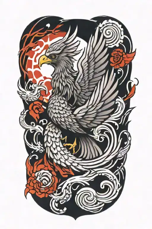 A traditional style tattoo of a phoenix rising from the ashes,  with the letters 'IGY6' us flag tattoo design idea
