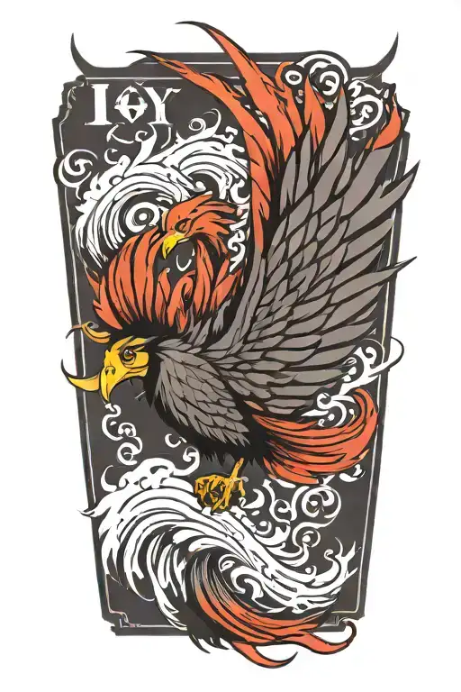 A phoenix rising from the ashes,  with the letters 'IGY6' us flag tattoo design idea